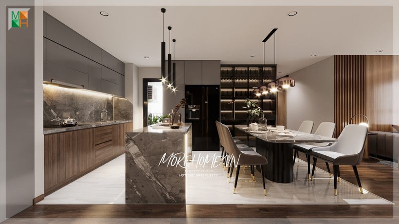 Tủ bếp được thiết kế theo phong cách hiện đại, giúp các mẹ có thể nấu những bữa ăn ngon và nóng hổi cho gia đình một cách tinh tế và thú vị.